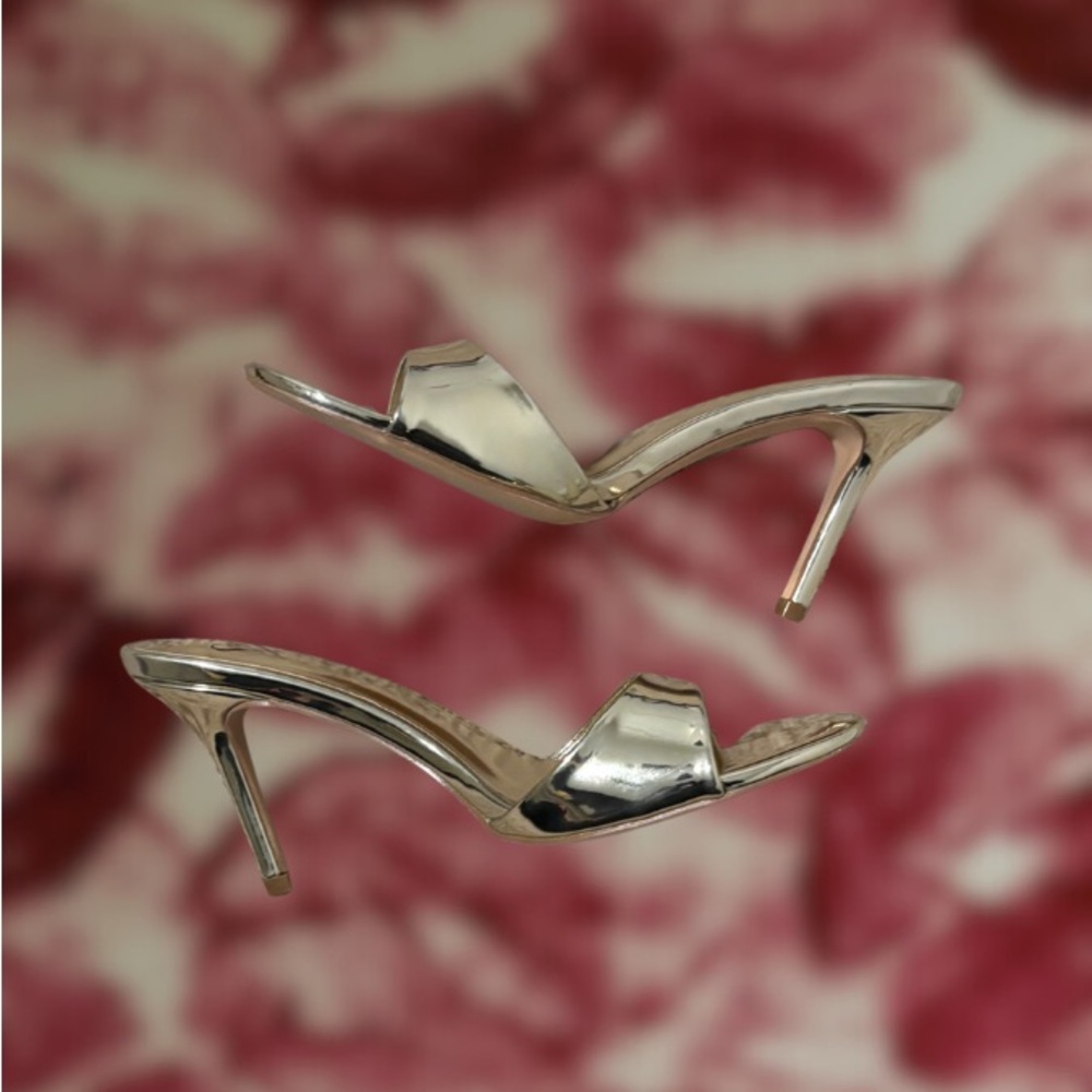 Gold Metallic Mule Heels | 3.5” Open-Toe Slip-On | Y2K Minimalist Party Shoe